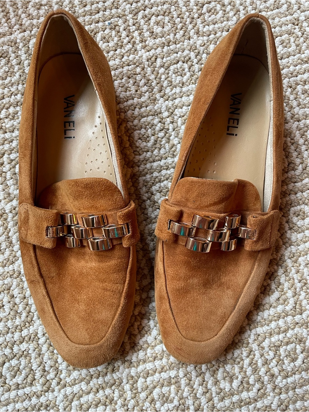Vaneli Tan Suede Loafers with Gold Chain Accent